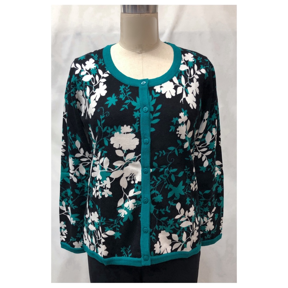 Appleseed's Teal Black White Knit Floral Print Cardigan